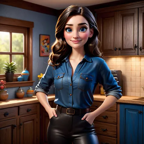 Crete Realistic 3D cartoon Disney Pixar style full body woman in her 20s, standing working on some cabinets, the texture of the wood is clear. He wears a shiny black traditional shirt, and shiny blue cloth pants. Wearing work shoes.  The background should ...