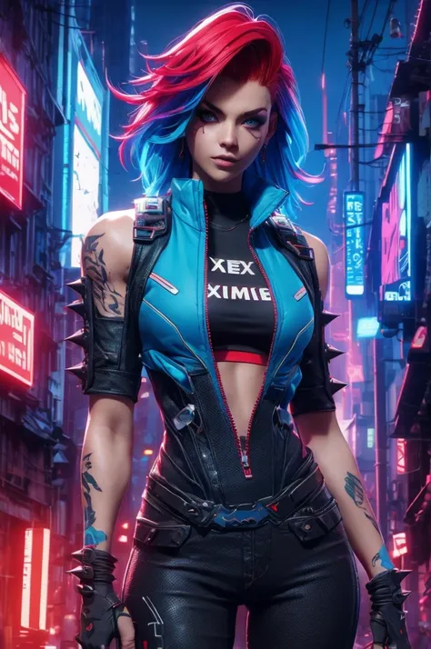 female with red spiky hair and blue top, metal cyberpunk tattoo on face!, xtreme, breasts, medium breasts, open blue vest, open ...