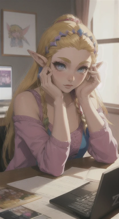 Modern Hylian, blonde, gamer girl, princess Zelda, desk, looking at computer screen, long messy hair, modern Hyrule, Hyrule castle, her bedroom, Livestream, 