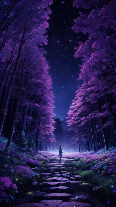 Viral anime nature wallpaper in 4K quality, in the style of digital illustration inspired by Naoko Takeuchi. The scene depicts a magical forest at midnight, where glowing flowers illuminate the path, and fairy lights float gently through the air. The ether...