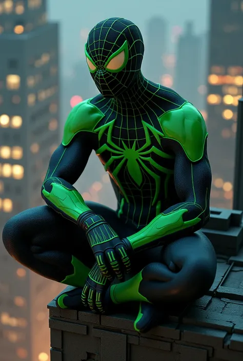 Spiderman in light green and black suit wearing mask sitting on building at night
