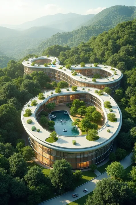 Make a hospital, in the shape of an infinity symbol, with nature around, only with one floor

