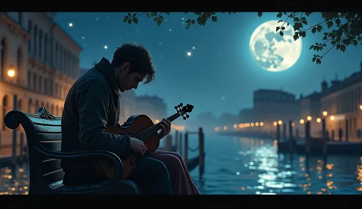 image with a background of Venice, with canals and old buildings. In the center a male figure, a musician sitting on a bench, with a violin in his hand and a melancholy expression on his face. Next to him is a female figure who appears to be the woman he ...