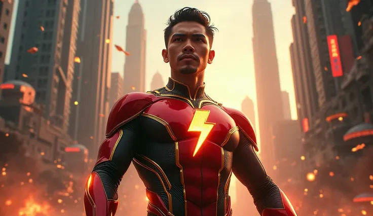 modern and futuristic superhero with traditional Indonesian elements, combine red color, black, and gold, and features the distinctive lightning symbol. masterpiece, realistic, Ultra HD, ultra high resolution, 8K, cinematic, upscale.