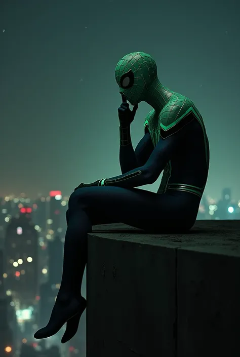 Spiderman in light green and black suit wearing mask sitting thoughtfully on a building at night
