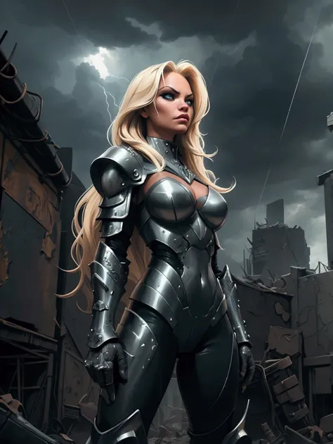 a beautiful busty woman with long blonde hair, Pamela anderson, post-apocalyptic warrior, detailed facial features, dramatic lighting, moody gritty atmosphere, dark storm clouds, ruined city, futuristic sci-fi setting, intricate armor, powerful stance, epi...