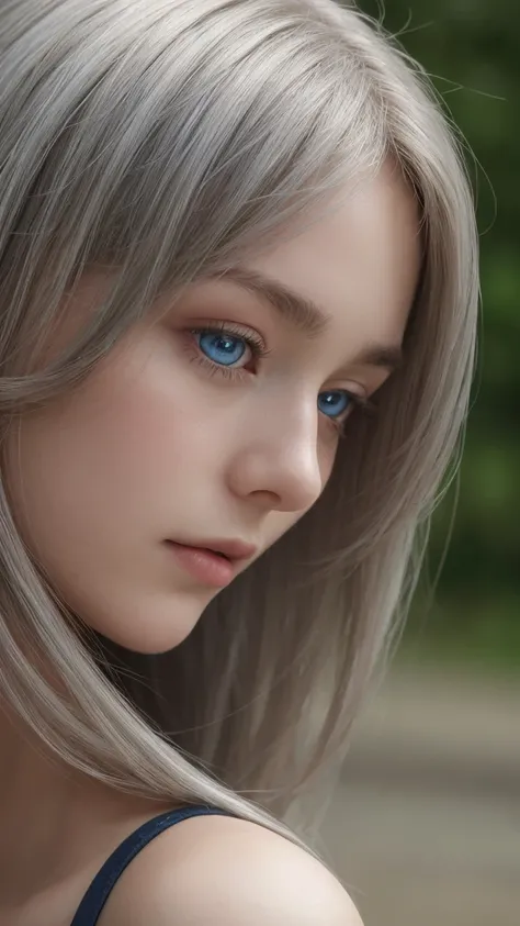 Close-up portrait. a girl. european. extremely detailed face. melancholic. delicate features. blue eyes. half-closed eyes, gentle, soft. thin lips. long straight hair, thick hair. silver hair. outdoors