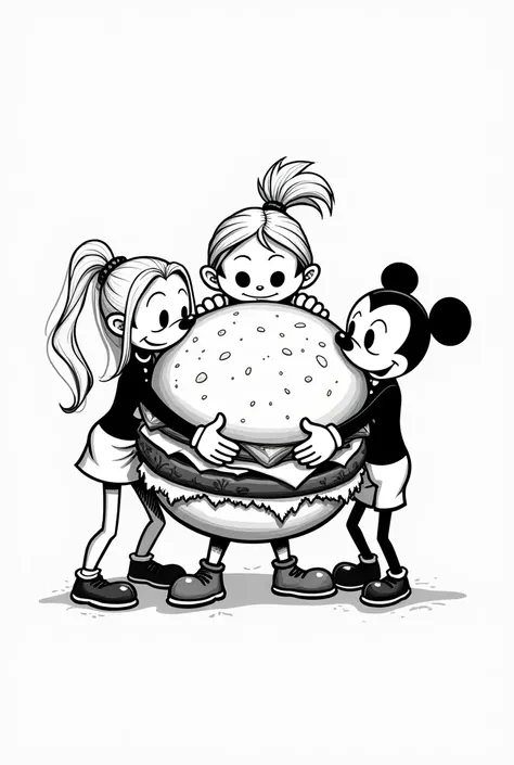 Black and white cuphead style image of two girls and two boys hugging a hamburger 