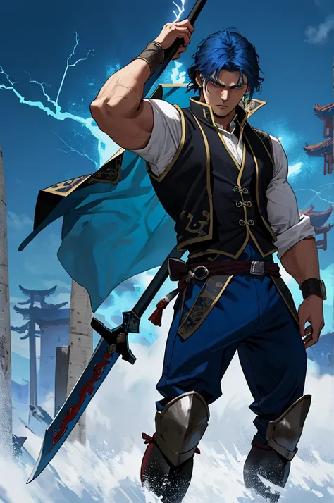 A male, muscular warrior with medium length blue hair stands on a battlefield. He wears a tight, blue chinese vest. He is ready for battle, as a surge of blue electricity flows around him. He has no sleves to cover his arms. He is a knight, fighting in a f...