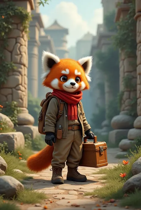 Petite red panda boy, Solitary, He holds a toolbox in his hands, Redhead, Short hair, ((Brown and grey hiking jacket, Brown and grey trousers)), Hiking shoes, Happy look, Black eyes, ancient ruins, Red scarf.