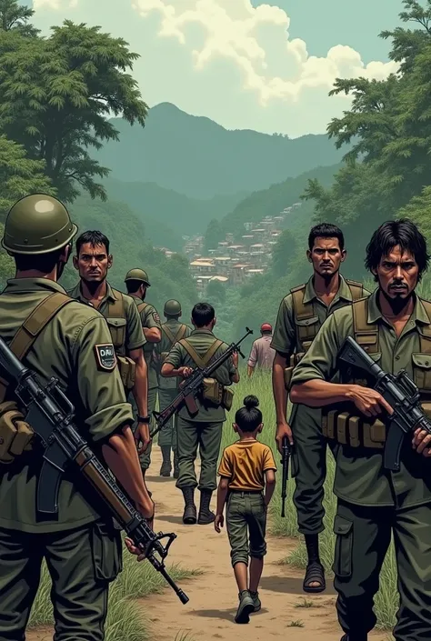 Panel 1: Start*
- Image of a Colombian landscape with mountains and jungle - Text: "colombia, 1990. A country divided by violence"
*Panel 2*
- Image of a group of ELN guerrillas (National Liberation Army) armed and in uniform - Text: "The ELN guerrillas fi...