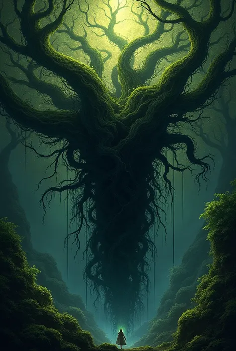 THE PHRASE : ROOTS OF DARKNESS in the middle with branches of vines around and leaves, that reflects the name of a tale alluding to some dryads, It has to look fanciful