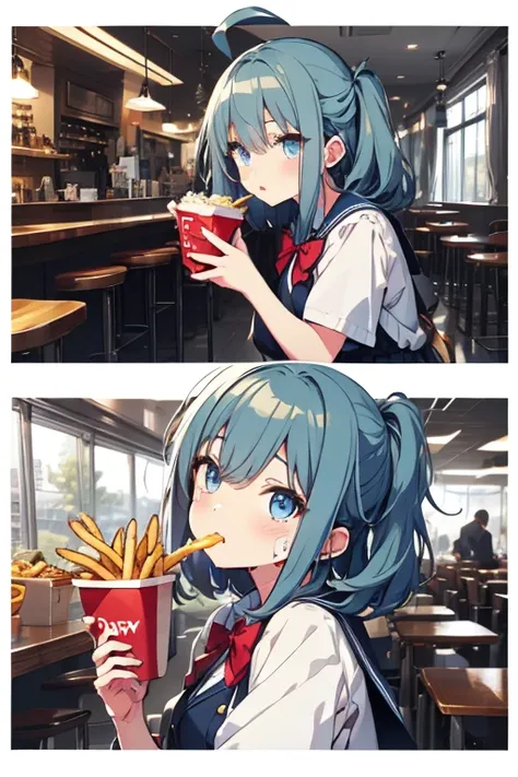 (((beautiful detailed)))(cute face:1.2)1girl, A girl stuffing her face with french fries, Girl crying while eating a pile of french fries, Inside a 2000s-style diner, 1950s-style interior, light Navy blue hair, blue eyes, A short-sleeved white shirt with f...