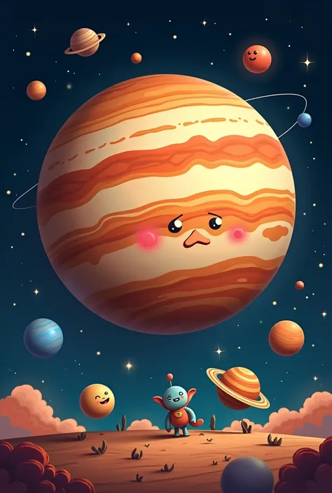 jupiter, the giant of the solar system, had a big red spot, and many moons. Although its size worried him, He took care of all his little companions, the planets.. Cartoon image