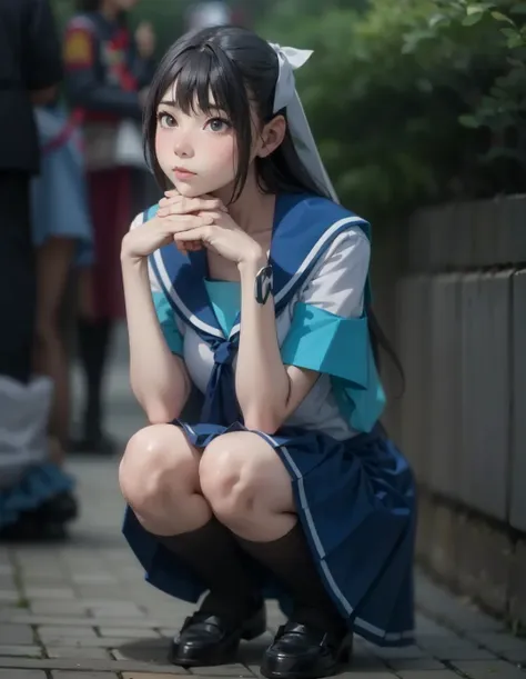 there is a woman kneeling with her hand on her chin, anime girl cosplay, cosplay photo, anime cosplay, japanese school uniform, ...