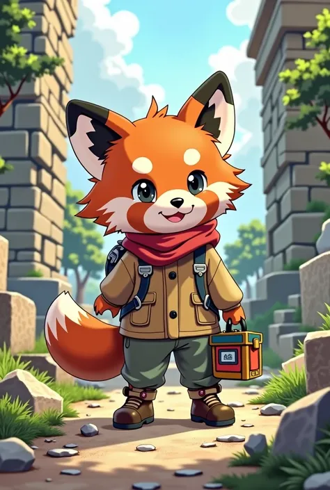 Petite red panda boy, Solitary, He holds a toolbox in his hands, Redhead, Short hair, ((Brown and grey hiking jacket, Brown and grey trousers)), Hiking shoes, Happy look, Black eyes, ancient ruins, Red scarf.(artwork), excellent quality, Detailed Japanese ...