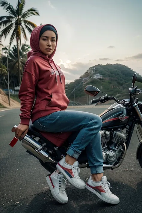 3D character Indonesian man riding motorcycle with beautiful hijab woman, man wearing hoodie jeans sneakers, woman wearing hoodie jeans sneakers, realistic beach scene, 8k, highres, photorealistic, masterpiece, ultra-detailed, cinematic lighting, vibrant c...