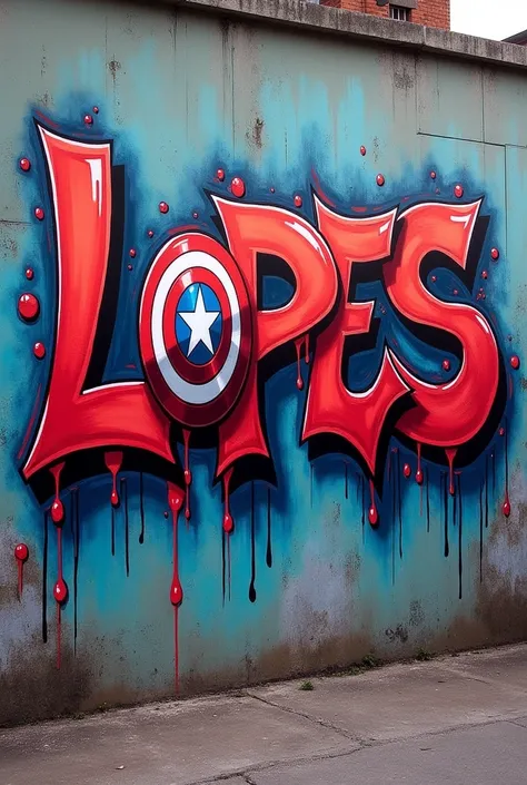 Create graffiti throw up with the name LOPES with Captain America&#39;s shield in the letter O