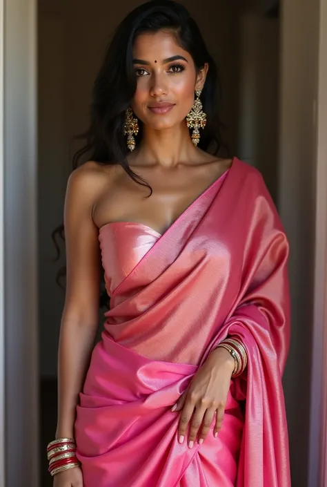 photo of a Beautiful Indian Woman with hot boobs, Wearing pink silk saree  huge hot boy