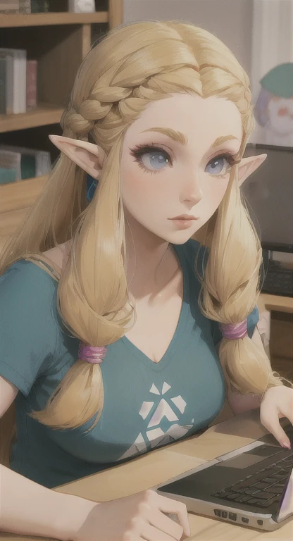 Modern Hylian, blonde, gamer girl, princess Zelda, desk, looking at computer screen, long messy hair, modern Hyrule, Hyrule castle, her bedroom, Livestream, 