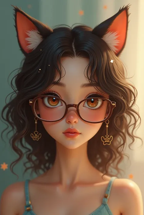 girl with light tanned skin, dark brown curly hair, wearing glasses, brown eyes, wearing cat ears