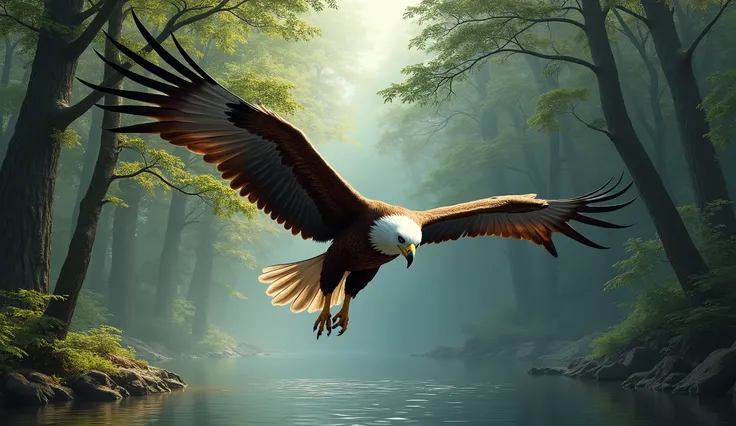 Create an ULTRA REALISTIC image of an eagle diving at high speed with its talons ready to capture prey. The scenery in the background is a dense forest., with tall trees and a calm lake, reflecting the movement of the eagle. TRANSMIT DEPTH."