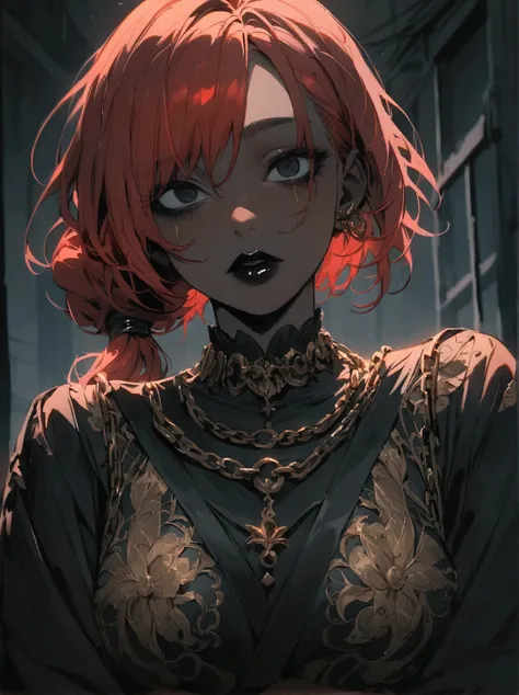 anime, goth style woman, chain accesories, dark clothes with a shade of gold, gold marks on clothes, black eyes, red hair, short hair, expressive hair, ((dark skin)), tanned skin, upper view, both arms on her back, she is hiding her arms on her back, Japan...