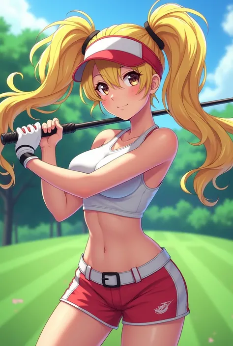 thicc fit anime female long flowing blonde hair in twin tails, large breasts, in a tennis outfit, playing golf 