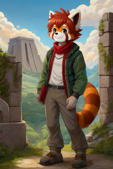 Red panda boy of medium build, Thin face，Solitary, He holds a toolbox in his hands, Redhead, Short hair, ((Brown and grey hiking jacket, Brown and grey trousers)), Hiking shoes, Happy look, Black eyes, ancient ruins, Red scarf.(artwork), Red panda boy in a...