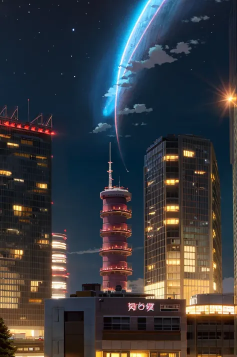 shinkai makoto, kimi no na wa., air conditioner, antennae, architecture, building, cable, city, cloud, cloudy sky, comet, crane (machine), house, industrial pipe, japan, light, night, night sky, no humans, outdoors, pipeline, satellite dish, shinjuku (toky...