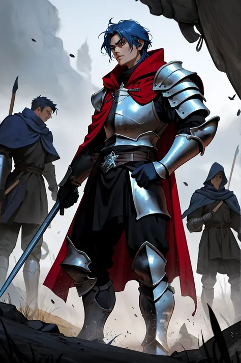 A male, muscular warrior with medium length blue hair stands on a battlefield. He wears wuality armor that is black. He wears a red cloak over his frame. He is ready for battle. He is a knight, fighting in a fantasy world