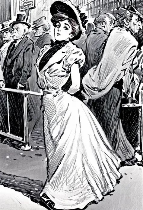 sketch of a beautiful well-endowed 13yo gibson girl coquettishly sashaying along a crowded street. year 1903. 1900_dr3ss. girl w...