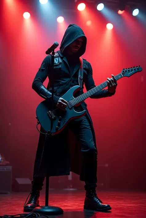 A solo rock performance with an Asian man in assassin garb, holding a microphone in one hand and an electric guitar in the other, stage lights glowing.