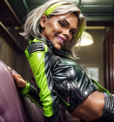 rough work, best quality, ((Only one woman,)) ((big , wrinkles on the face, tanned skin, straight gray hair, heavy vamp makeup with eyeshadow, deep dimples, wide open mouth, Toothy smile,)) (((in a neon green metallic thigh length leather jacket,))) (((the...