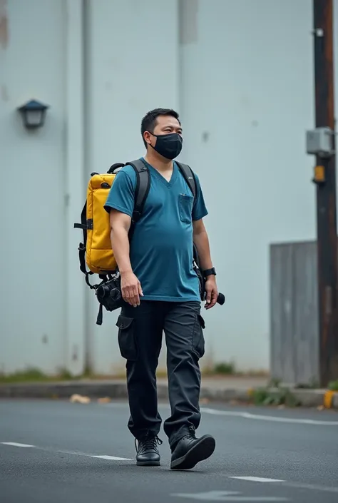 A man wearing a short-sleeved blue shirt, black pants, a black mask, a yellow medical bag on his left shoulder, and a camera on his right shoulder. The background is a wall, a light pole, and a black asphalt road.