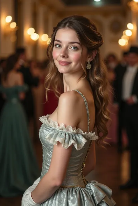 a 20 year old girl, smiling, belonging to the english high society of 1817, light brown, with golden wavy hair with some highlighted strands, with emerald green eyes, with a silver dress, a pair of delicate white gloves at a masquerade ball.