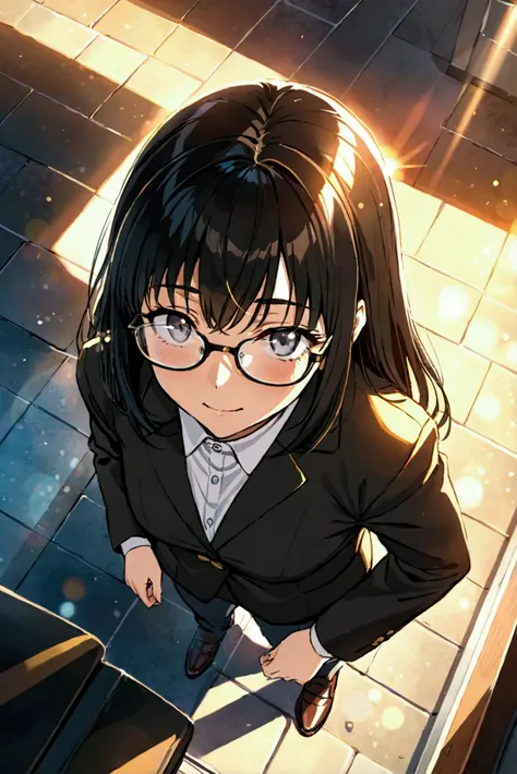 The best quality, lens flare, Movie, rimless glasses, Alone, black hair, Teeth, From above, 