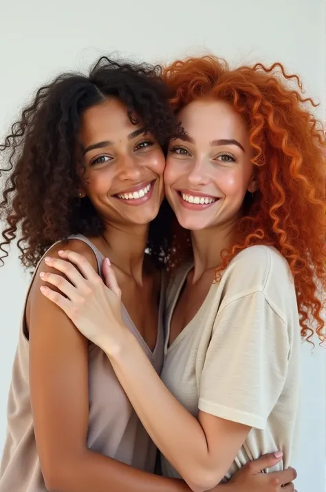 Take a realistic photo of which, the Moorish Good, hugging in a smiling couple pose with a , white, with fine and delicate features, unnatural redhead with curly hair, round brown eyes and large cheeks and slightly full lips. 