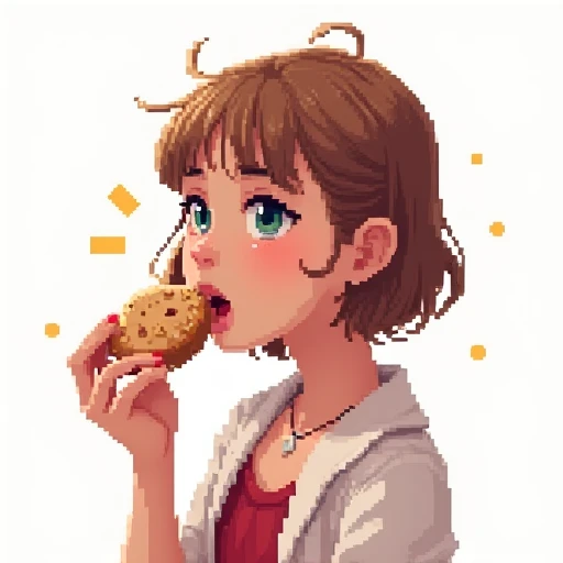 sprite pixel art illustration, Cati, a 1 teenager, with light brown hair, wearing retro clothing, eating a cookie, white background