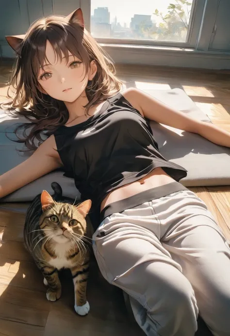 ((Top Quality)), ((Excellent)), (Details), 8k, Background: Bright modern interior, spacious room

Cat type: Brown tabby

Womans outfit: Wearing yoga wear

Cat behavior: Lying with back curled up

Atmosphere: Relaxing after exercise, calm moment, conceptual...