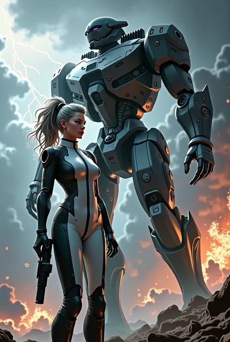 Nurse with grey/brown hair wearimg black and white futuristic suit holding a gun standing beside a black and silver titan with space/thunderstorm background with explosions