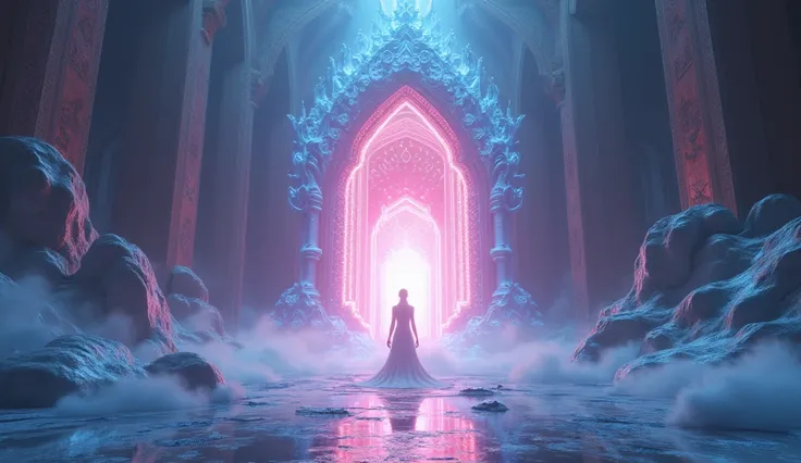 portal, ethereal energy, beings of light, shape of a large door, pink light, blue light, Extensive landscape ultrasound photography, (Ultra-detalhado description of appearance),  (in detail), (cold light source: 1.2), complex details, volumetric lighting, ...