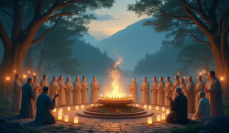 Create an image depicting an ancient Chinese spiritual ceremony, where people are honoring their ancestors and worshiping nature spirits. The scene takes place in a serene, forested setting during dusk, with an altar in the center, decorated with offerings...