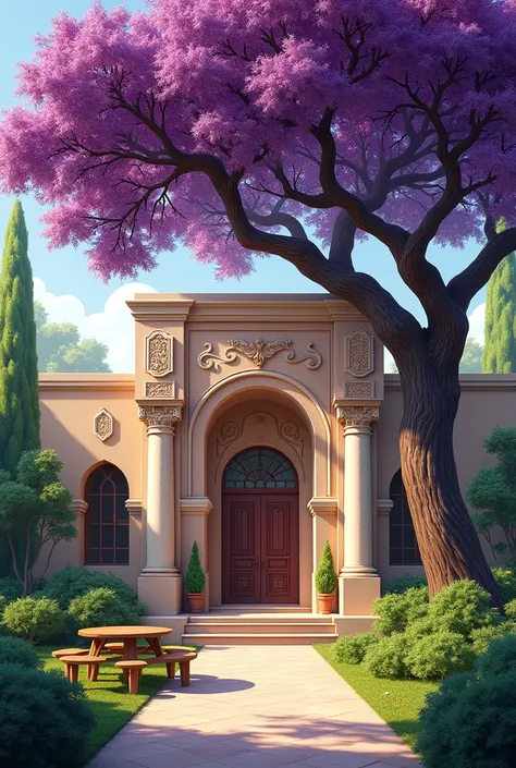 A house with Middle Eastern features , at the entrance of the house , with two pillars with Chinese features,  
Um Jardim ,  like a purple ipê tree in the middle of the garden  , Underneath this tree there is a table and chair to sit 

