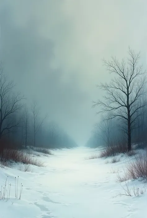 A really dark, cold landscape with snow-covered ground and bare trees. The sky is overcast, and there is a sense of desolation. 
Oil Painting