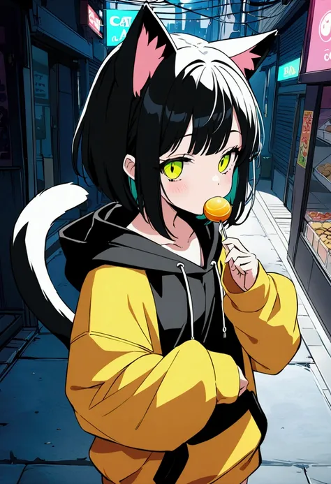 a girl in a black hoodie eating a cookie, lollipop, cyberpunk anime girl in hoodie, wearing a black hoodie, black hoodie, wearing a yellow hoodie, dressed black hoodie, wearing an oversized hoodie, girl wearing hoodie, oversized hoodie, boy with cat ears a...