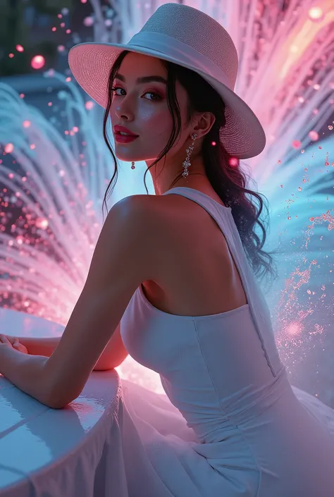 ultra-realistic photograph of an very beautiful and elegant woman in a sexiest white dress show sexiest and beautiful white big breast, sitting at a table with a hat, she smile very attractive, a water-shaped scarf that explodes into water particles full c...