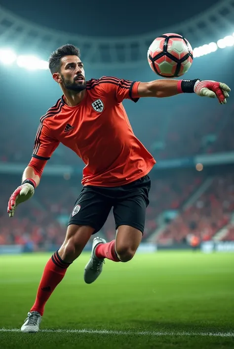 Catching the ball as a goalkeeper, wearing a red shirt with black stripes and shorts.