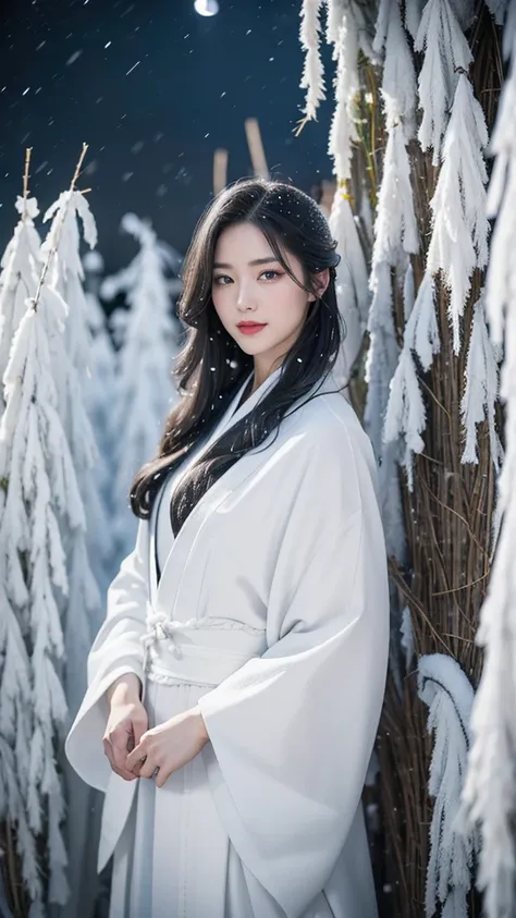 High resolution、masterpiece、Textured skin、high quality、超High resolution、Very detailed、woman、Center parting(Gray Hair)、Age 35、All-white kimono、Snow Woman、Japanese Yokai、((The background is a snowy landscape、There is a willow tree growing、((night))Snowstorm)...