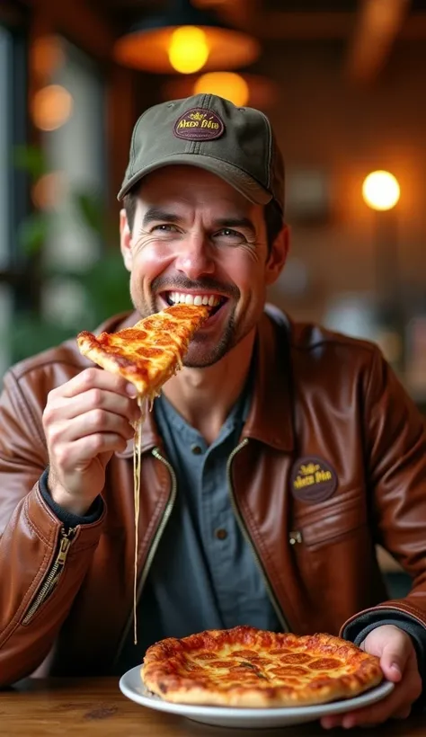 "A studio photo of Tom Cruise wearing sunglasses and a brown leather jacket with a small logo that reads ARTES DE IA and a matching cap with the same name. He is holding a slice of pizza with melted cheese stringing out as she takes a bite. The scene is br...